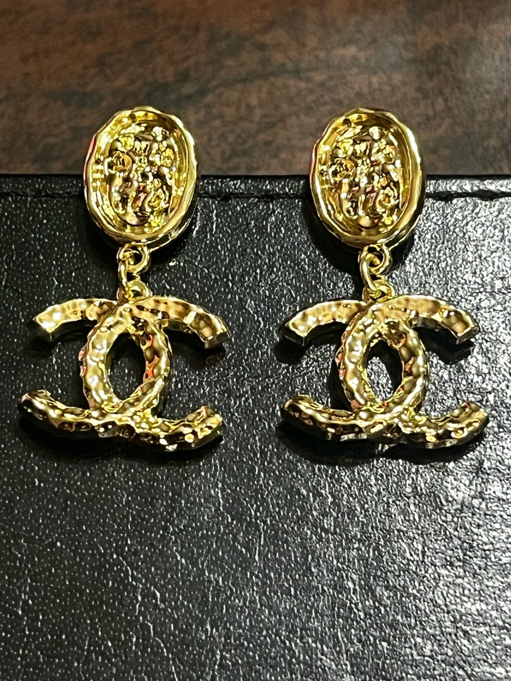 Double C Designer Hammered Style Gold Tone Dangle Earrings